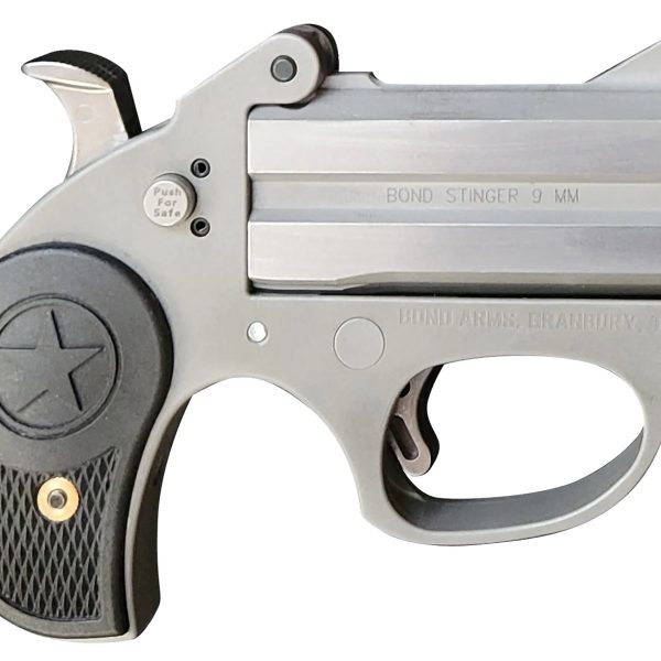 Bond Arms BASRS Stinger  9mm Luger 2rd 2.5" Matte Stainless Steel Double Barrel & Frame, Rebounding Hammer, Blade Front/Fixed Rear Sights, Black Rubber Grip, Manual Safety