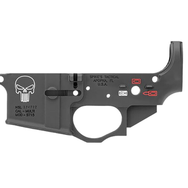 Spikes Tactical STLS015CFA Punisher Stripped Lower Receiver Multi-Caliber 7075-T6 Aluminum Black Anodized with Color Fill for AR-15